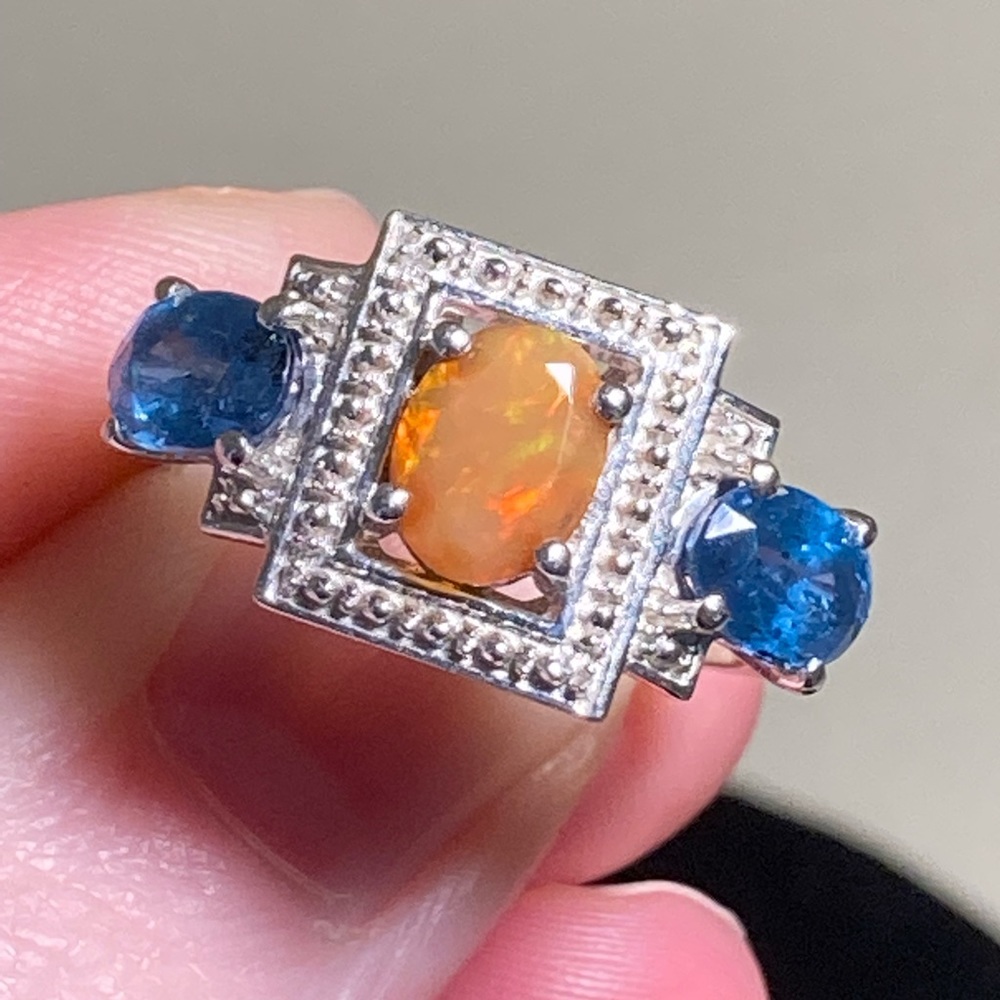 Fire Opal Blue Topaz and Sterling Silver Ring